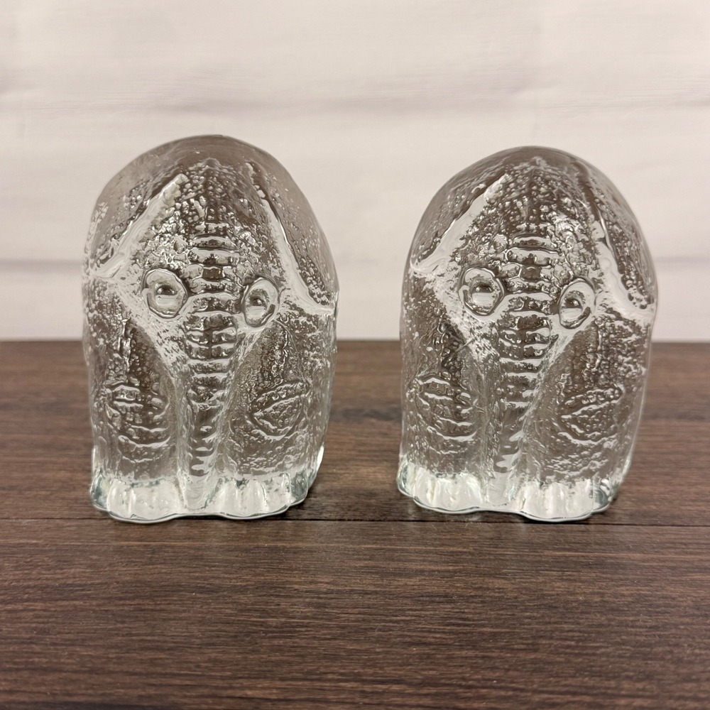 Don Shepherd DAS Studio Blenko Glass IceFloe Elephant Pair Vintage